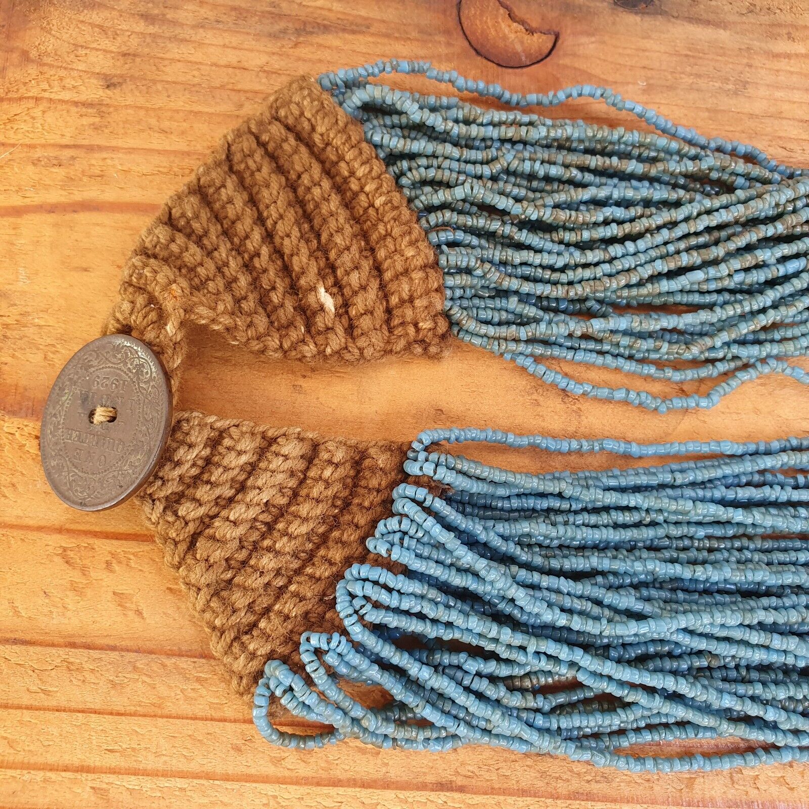 Vintage Tiny Turquoise Blue Seed Glass Beads with Coin Tribal Jewelry Necklace