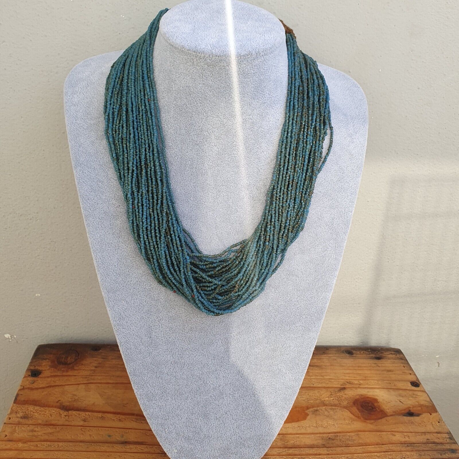 Vintage Tiny Turquoise Blue Seed Glass Beads with Coin Tribal Jewelry Necklace