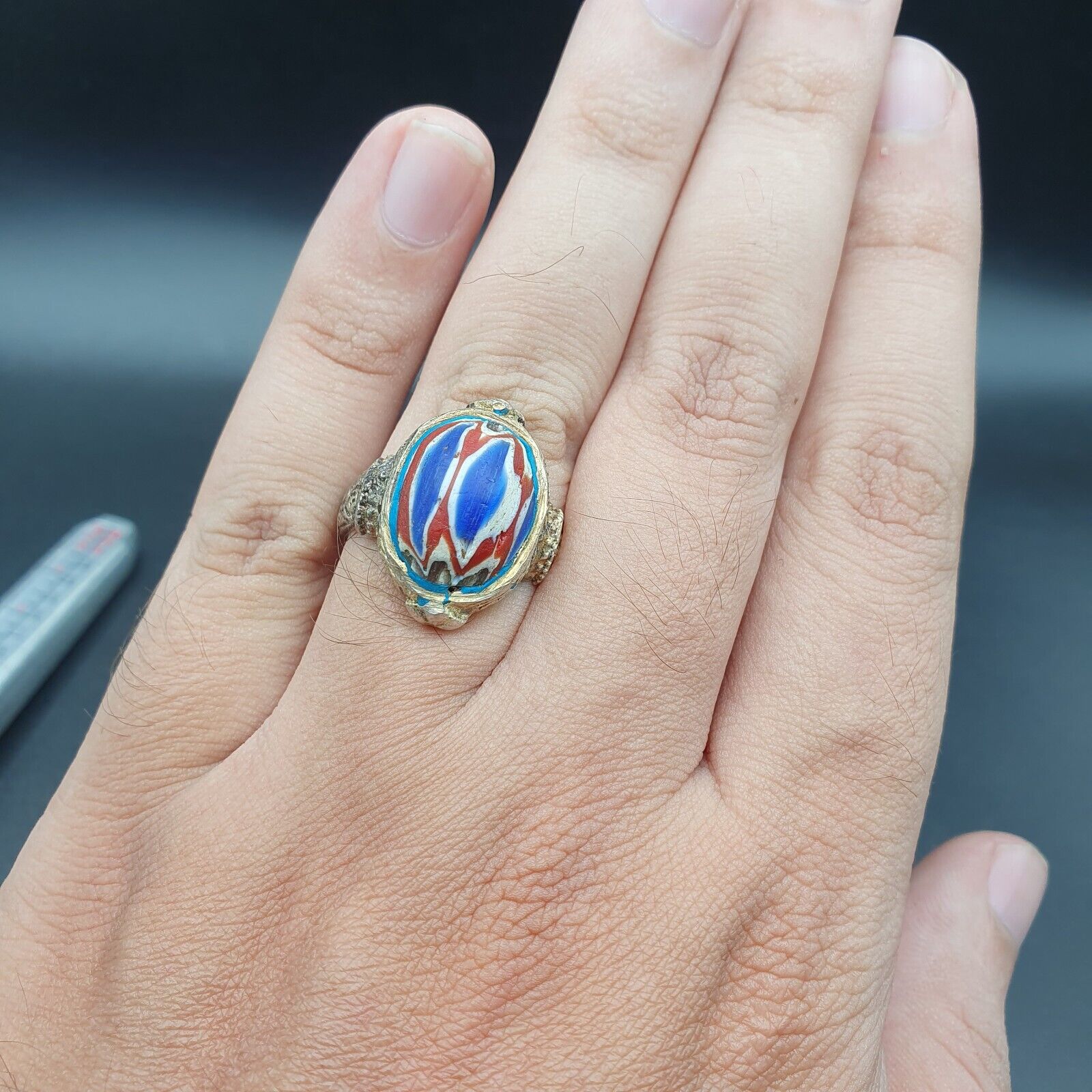 Antique Vintage Old  chevron Glass With Beautiful pattern Brass Ring