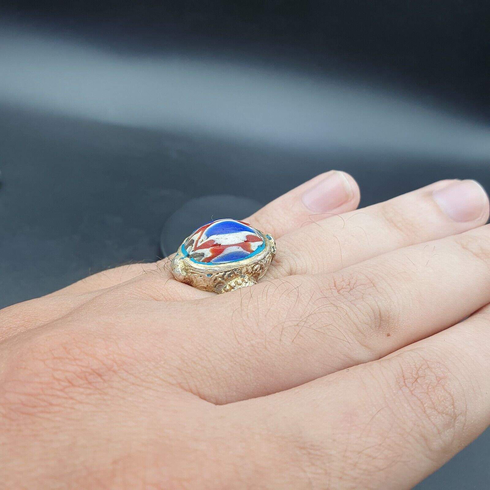 Antique Vintage Old  chevron Glass With Beautiful pattern Brass Ring