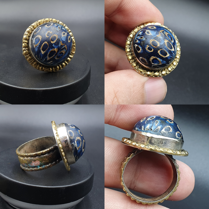 Antique Vintage Old Gabri Mosaic Glass with Beautiful Pattern Brass Ring