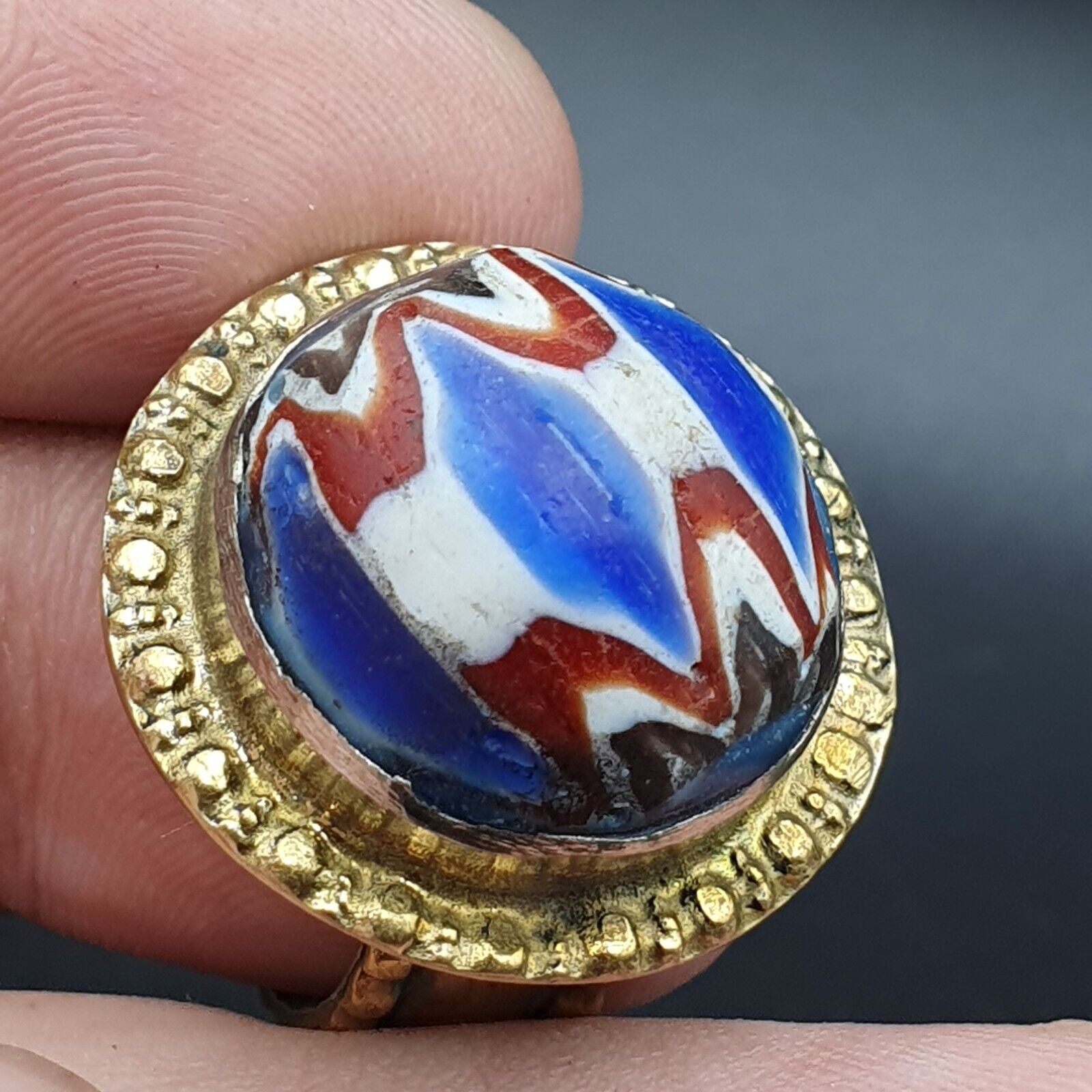 Vintage Old  Mosaic Glass With Beautiful pattern Brass Ring