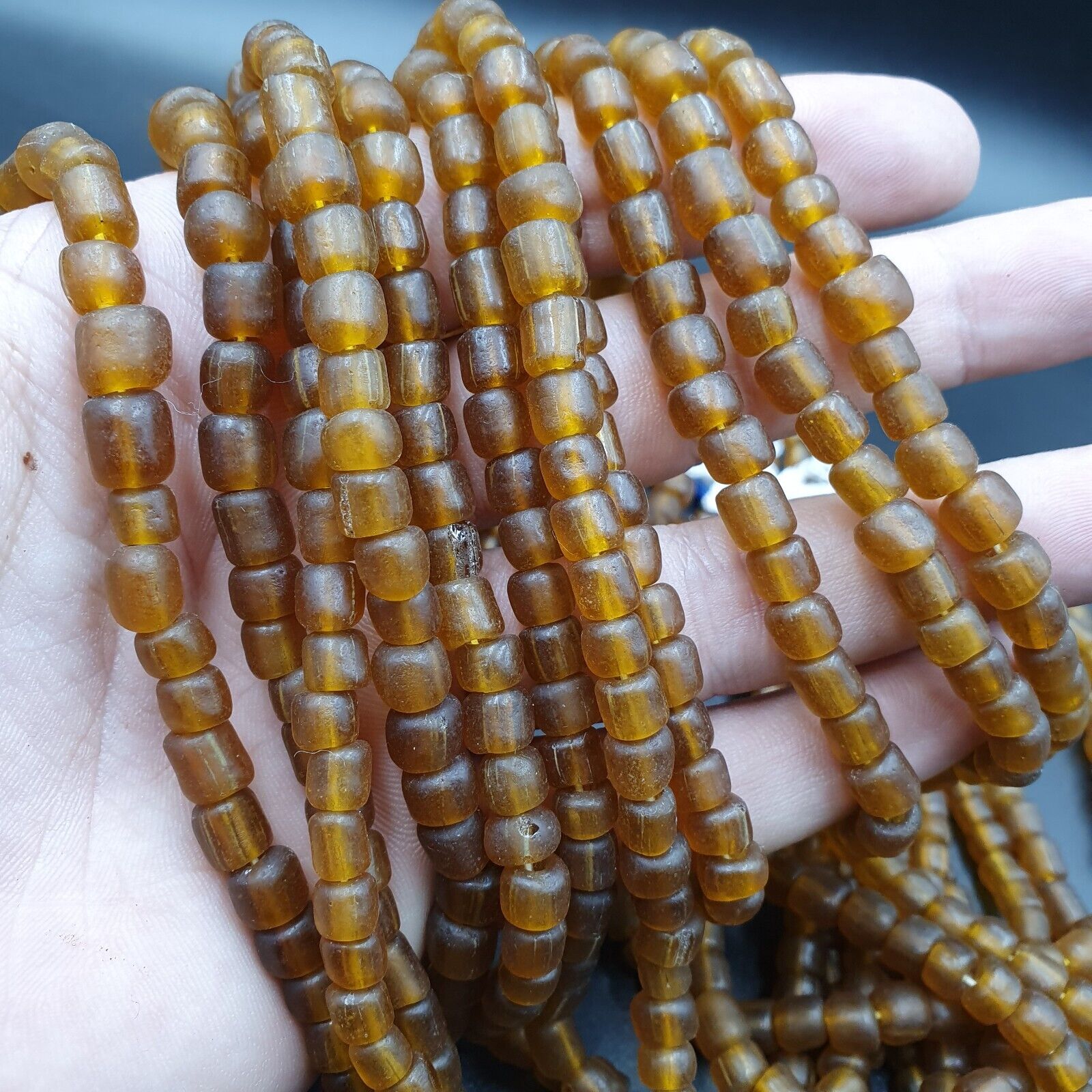 2 Vintage OLD AFRICAN Brown GLASS  Stripes BEADS 7-9MM beads Strand x 2