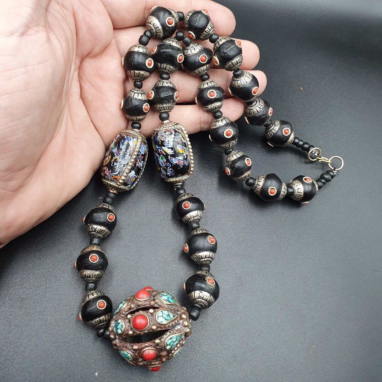 Beautiful Old Tibetan Silver Nepalese Coral & Turquoise Antique Jewelry Necklace