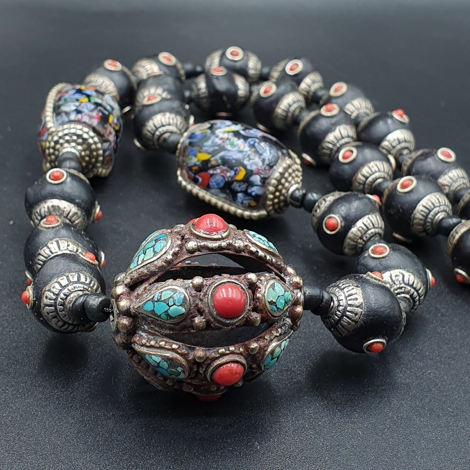 Beautiful Old Tibetan Silver Nepalese Coral & Turquoise Antique Jewelry Necklace
