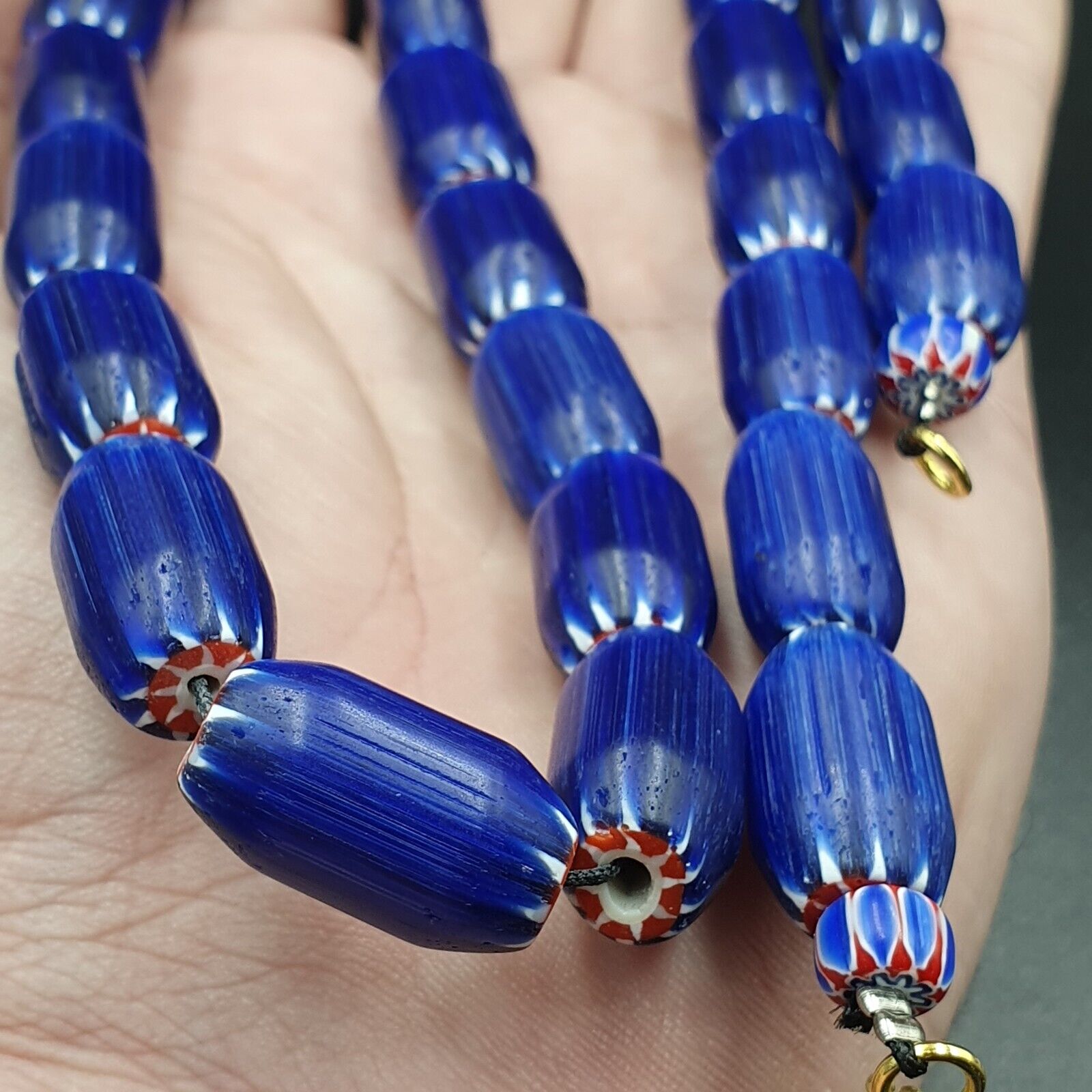 Vintage Old Blue Chevron beads Old African Glass Chevron Beads Necklace