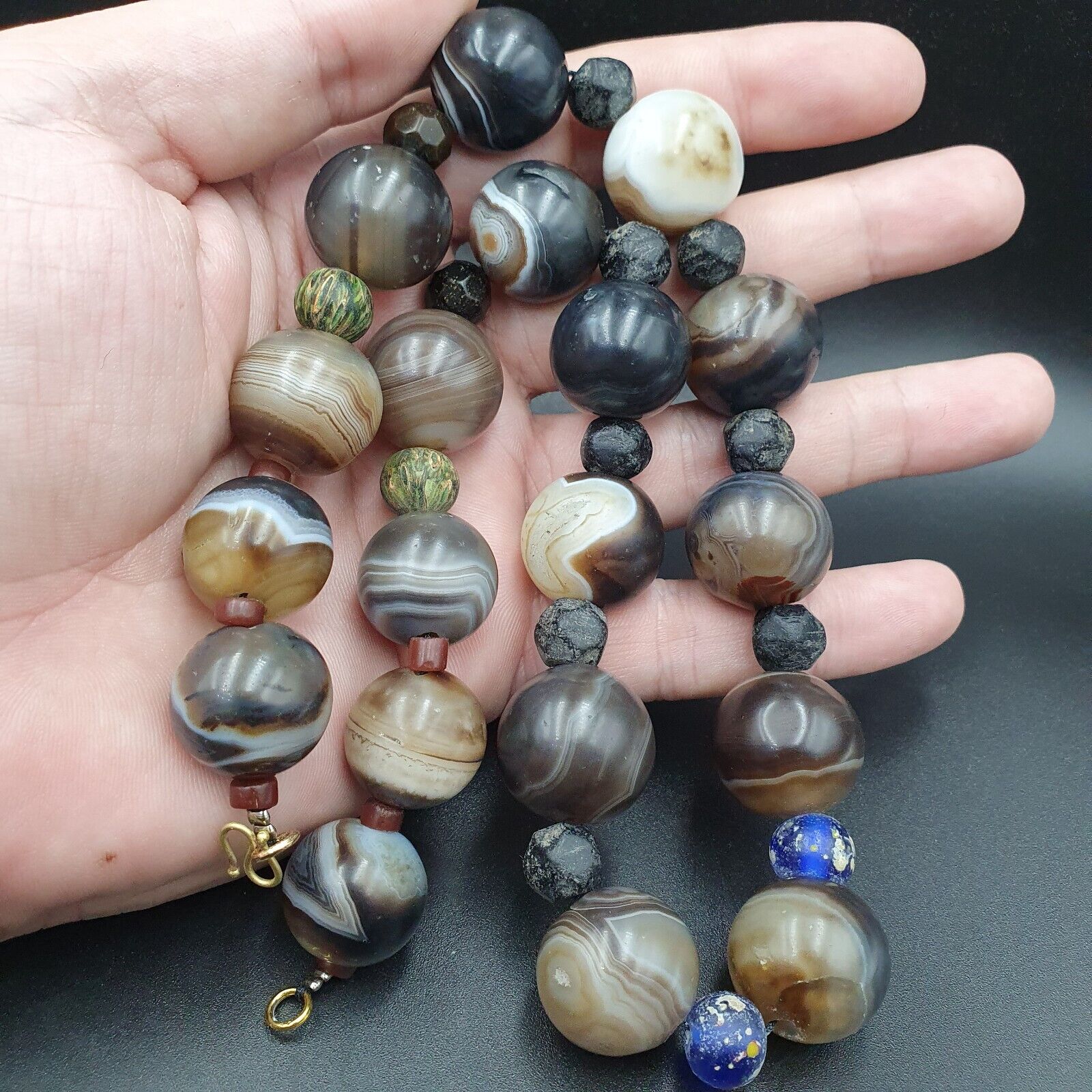 Lot Antique Ancient INDO Himalayan Bangla Agate Suleimani Beads Necklace 17-20mm