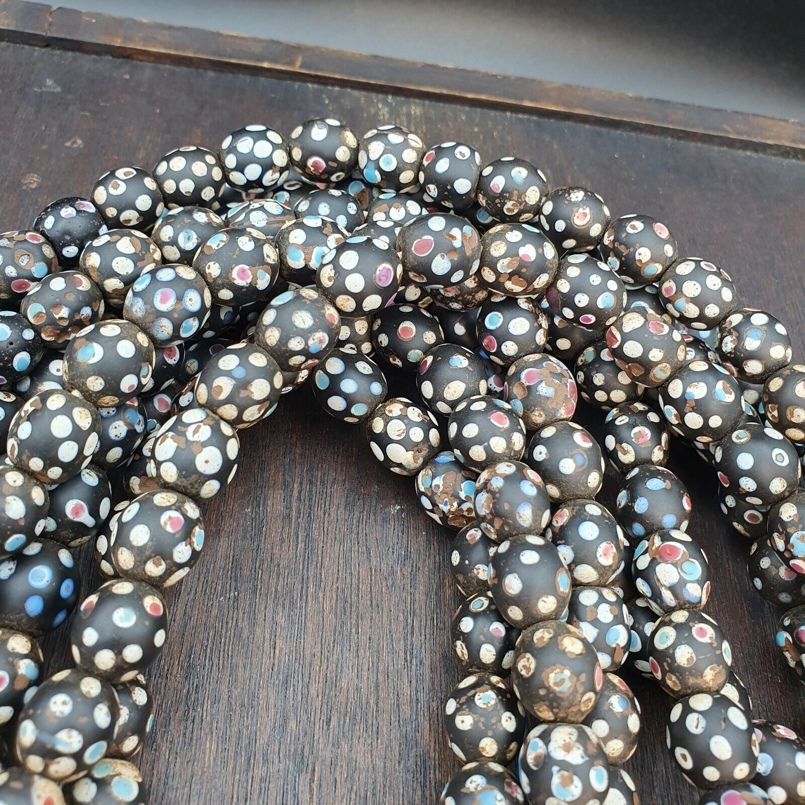 Black Skunk Venetian Trade Beads Dotted  Beads EAST OASIS Collection long strand