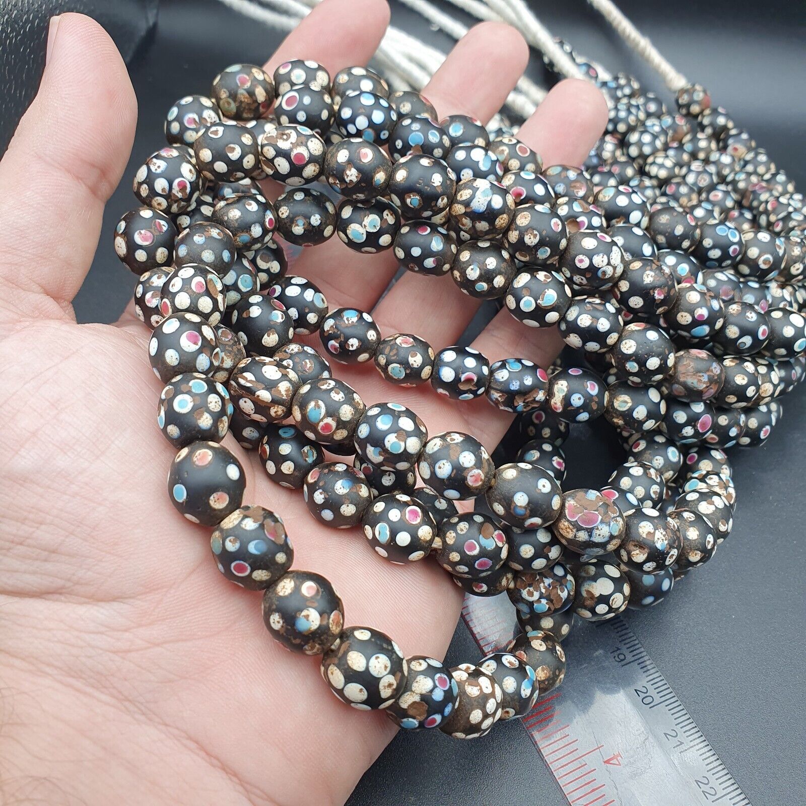Black Skunk Venetian Trade Beads Dotted  Beads EAST OASIS Collection long strand