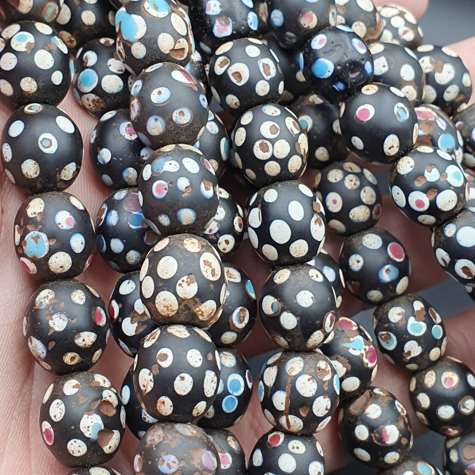 Black Skunk Venetian Trade Beads Dotted  Beads EAST OASIS Collection long strand