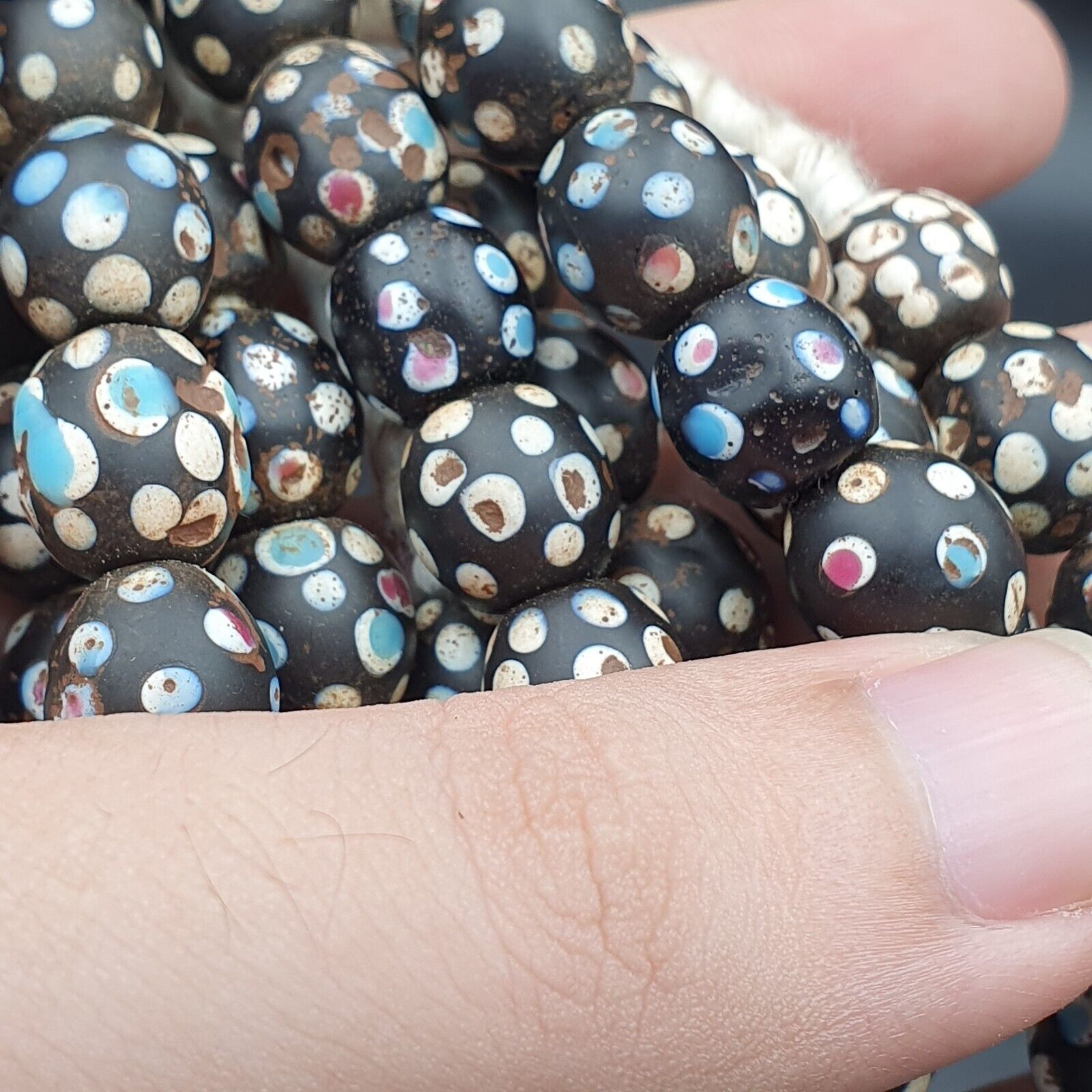 Black Skunk Venetian Trade Beads Dotted  Beads EAST OASIS Collection long strand