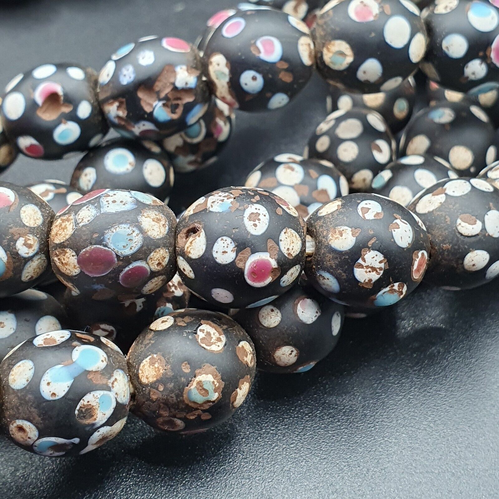 Black Skunk Venetian Trade Beads Dotted  Beads EAST OASIS Collection long strand