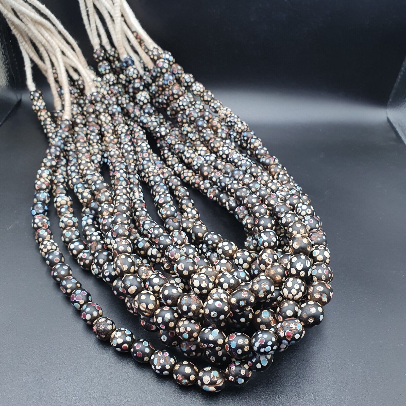 Black Skunk Venetian Trade Beads Dotted  Beads EAST OASIS Collection long strand
