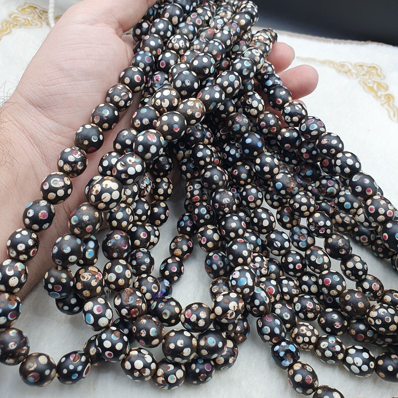 Black Skunk Venetian Trade Beads Dotted  Beads EAST OASIS Collection long strand
