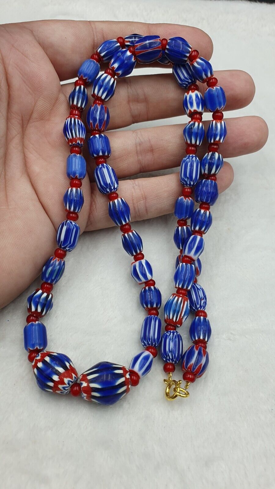 Vintage Chevron and White Heart Venetian Multilayers Glass Beads Necklace N-155