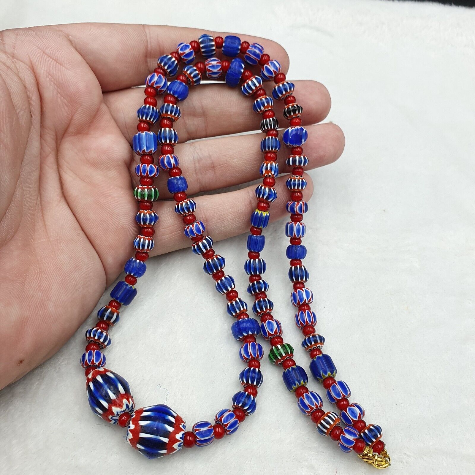 Vintage Chevron and White Heart Venetian Multilayers Glass Beads Necklace N-153