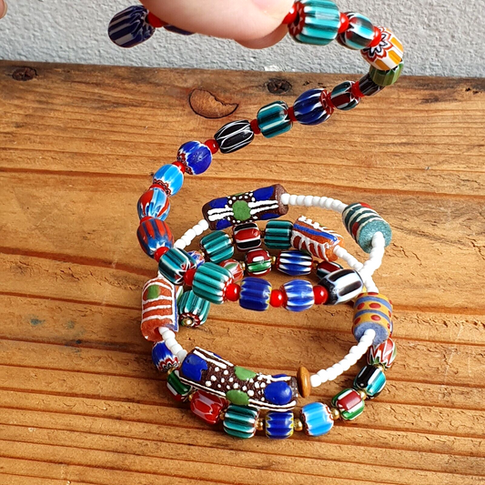 Vintage Chevron Venetian antique Whiteheartt Glass Beads Multilayer Bracelet #33