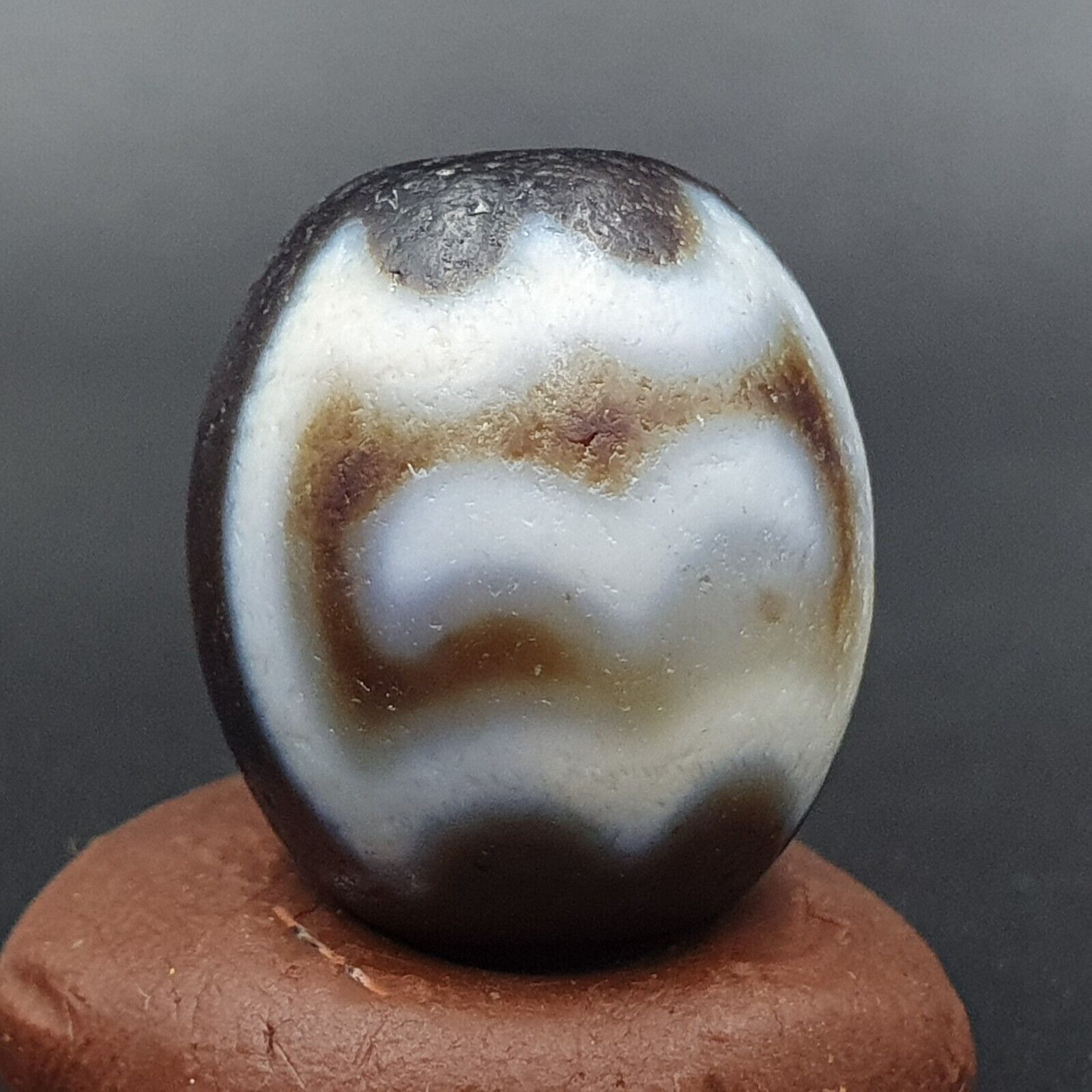 Very Rare Pattern Old Antique Himalayan Tibetan Dragon Bat Eyes Dzi Amulet Bead