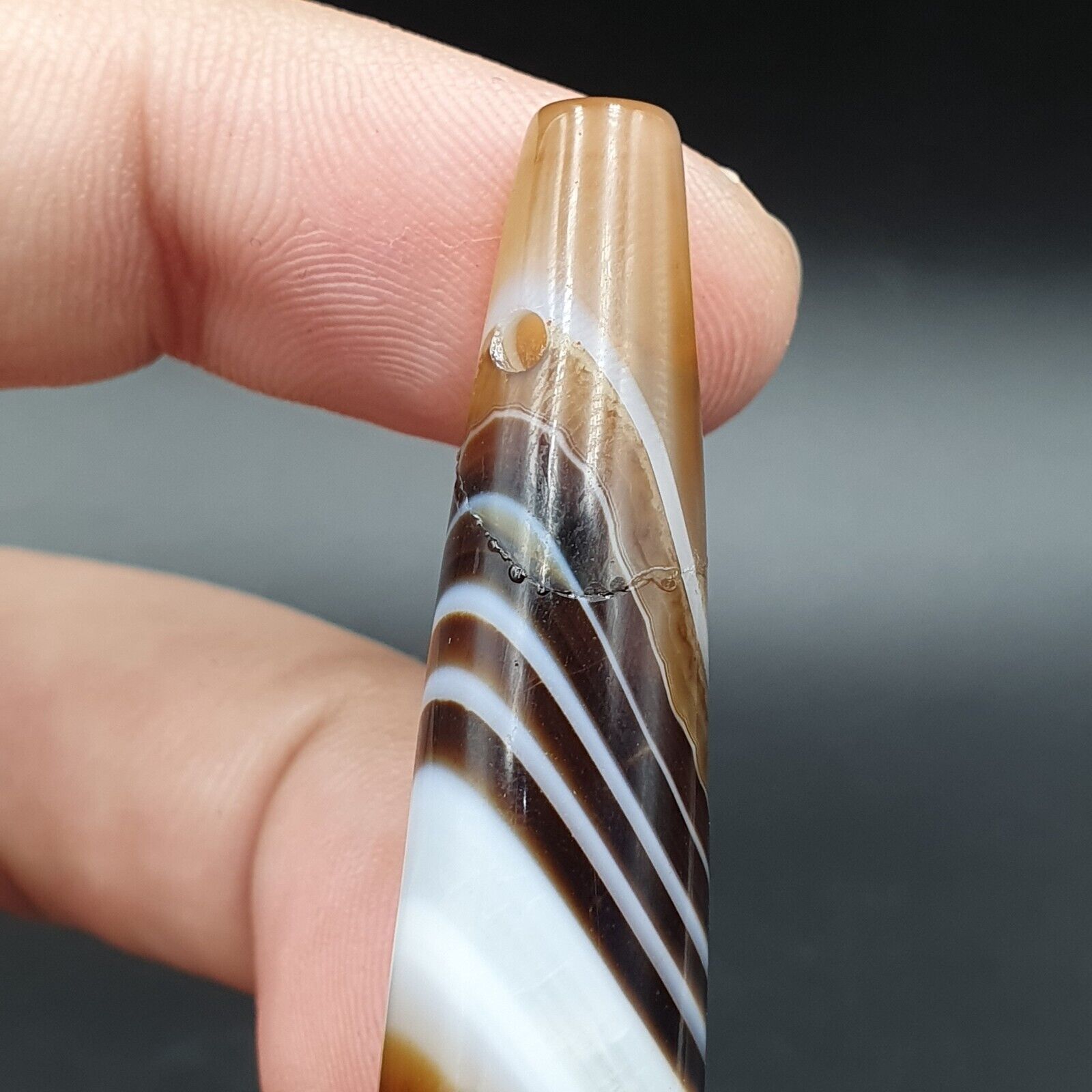 Antique Old Agate Himalayan Indo Tibetan Suleimani Eye Dzi Amulet Long Bead #178