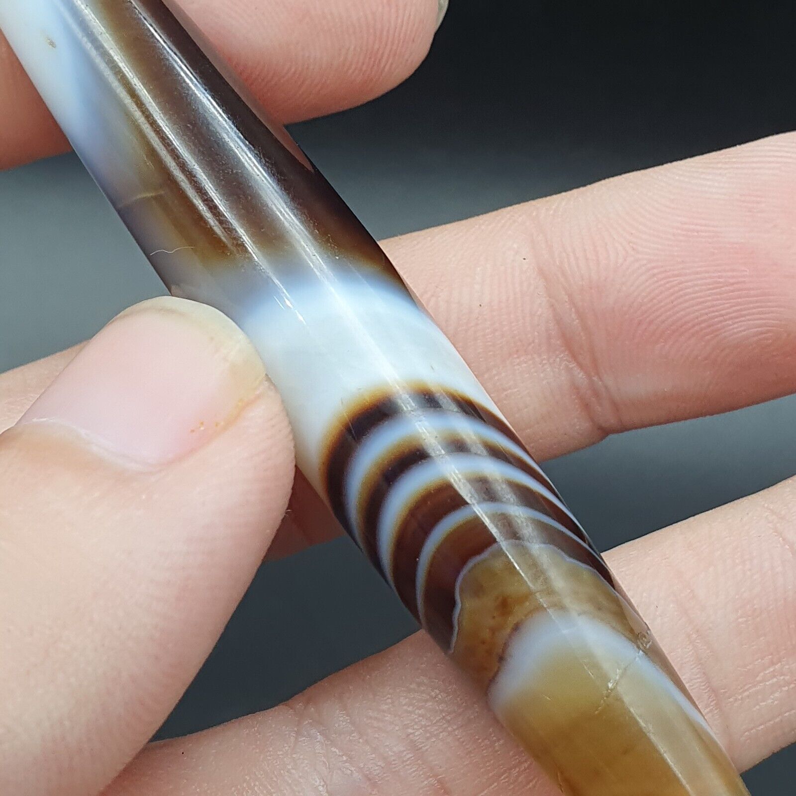 Antique Old Agate Himalayan Indo Tibetan Suleimani Eye Dzi Amulet Long Bead #178