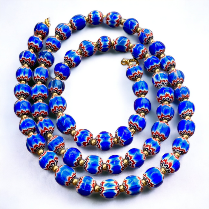 Vintage Blue Chevron Venetian Style Multilayers Glass Beads Necklace