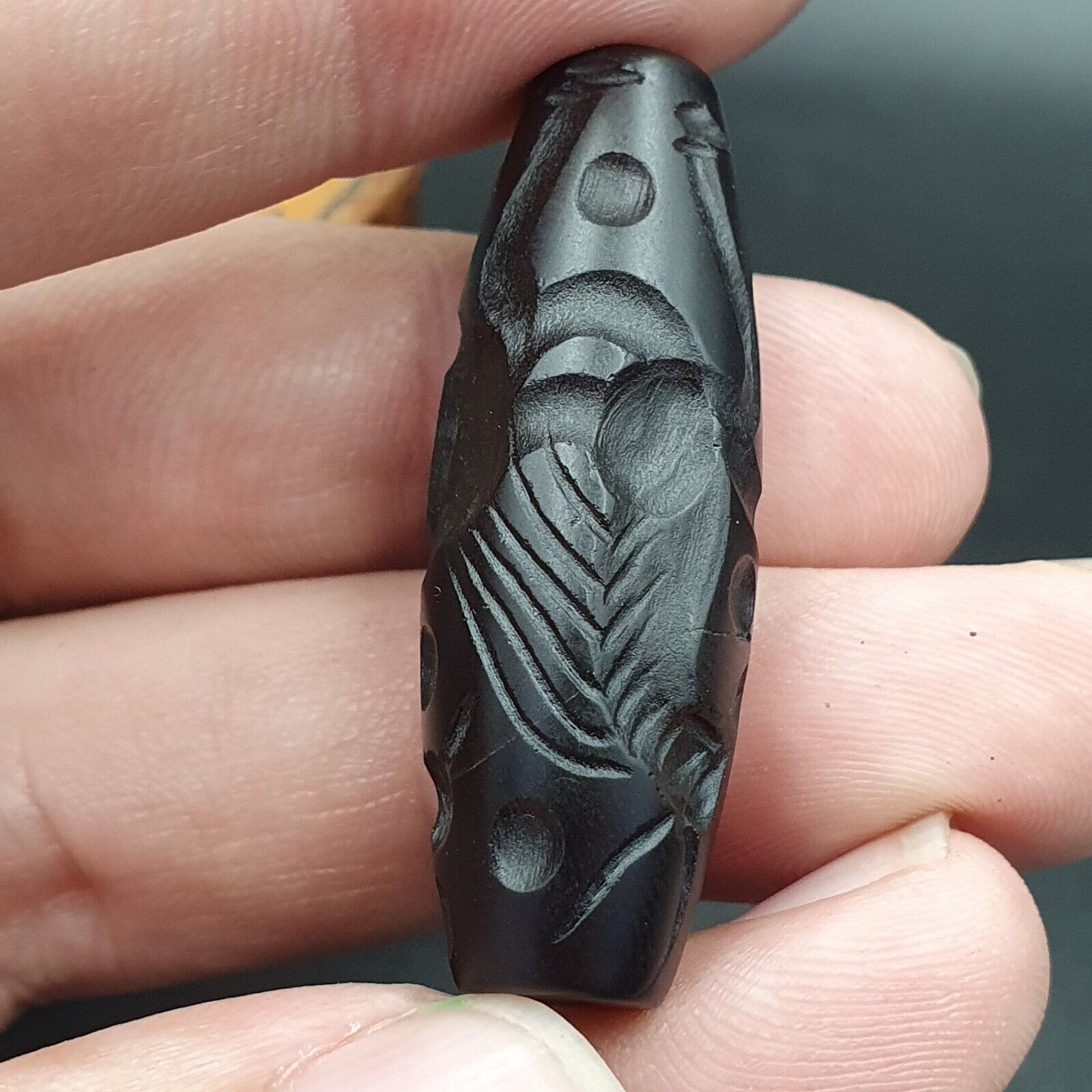 Indo Tibetan Carving Agate Eye stone Bead Amulet Horse and Flying bird  #10214