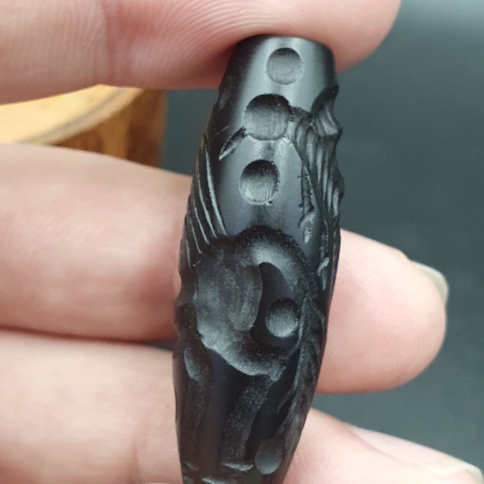 Indo Tibetan Carving Agate Eye stone Bead Amulet Horse and Flying bird  #10214