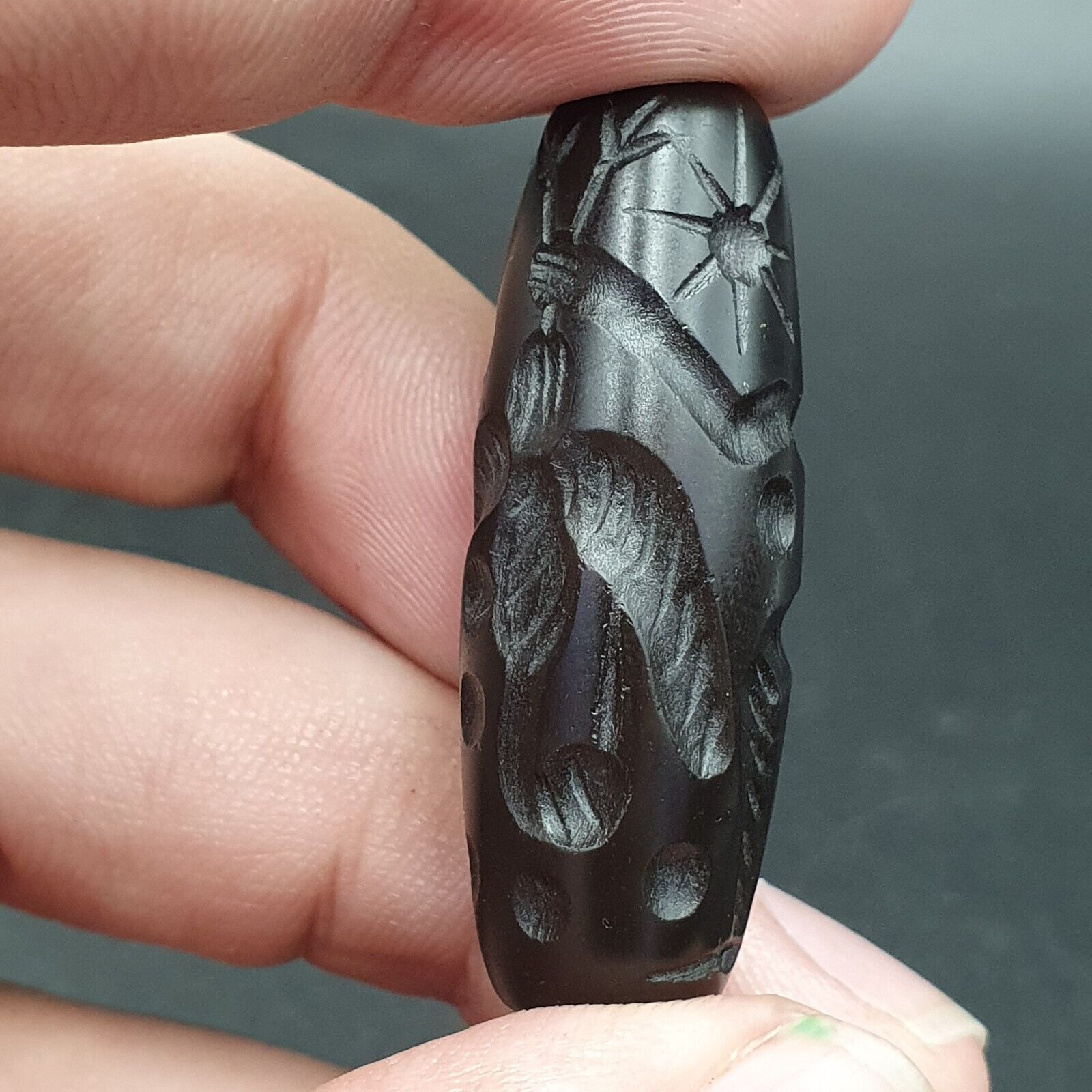 Indo Tibetan Carving Agate Eye stone Bead Amulet Hunter Hunted Bird #102112