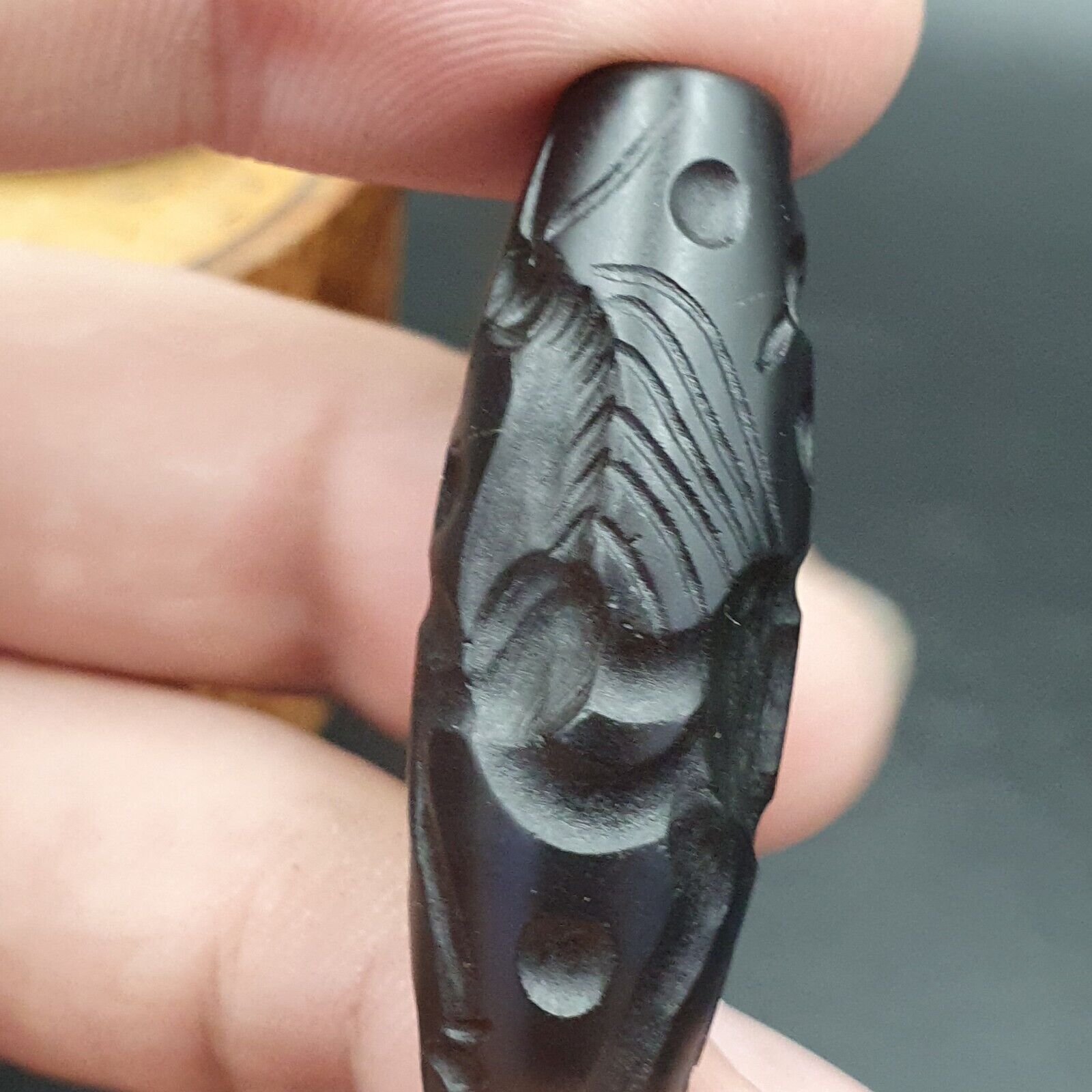 Indo Tibetan Carving Agate Eye stone Bead Amulet Horse and Flying bird  #10214