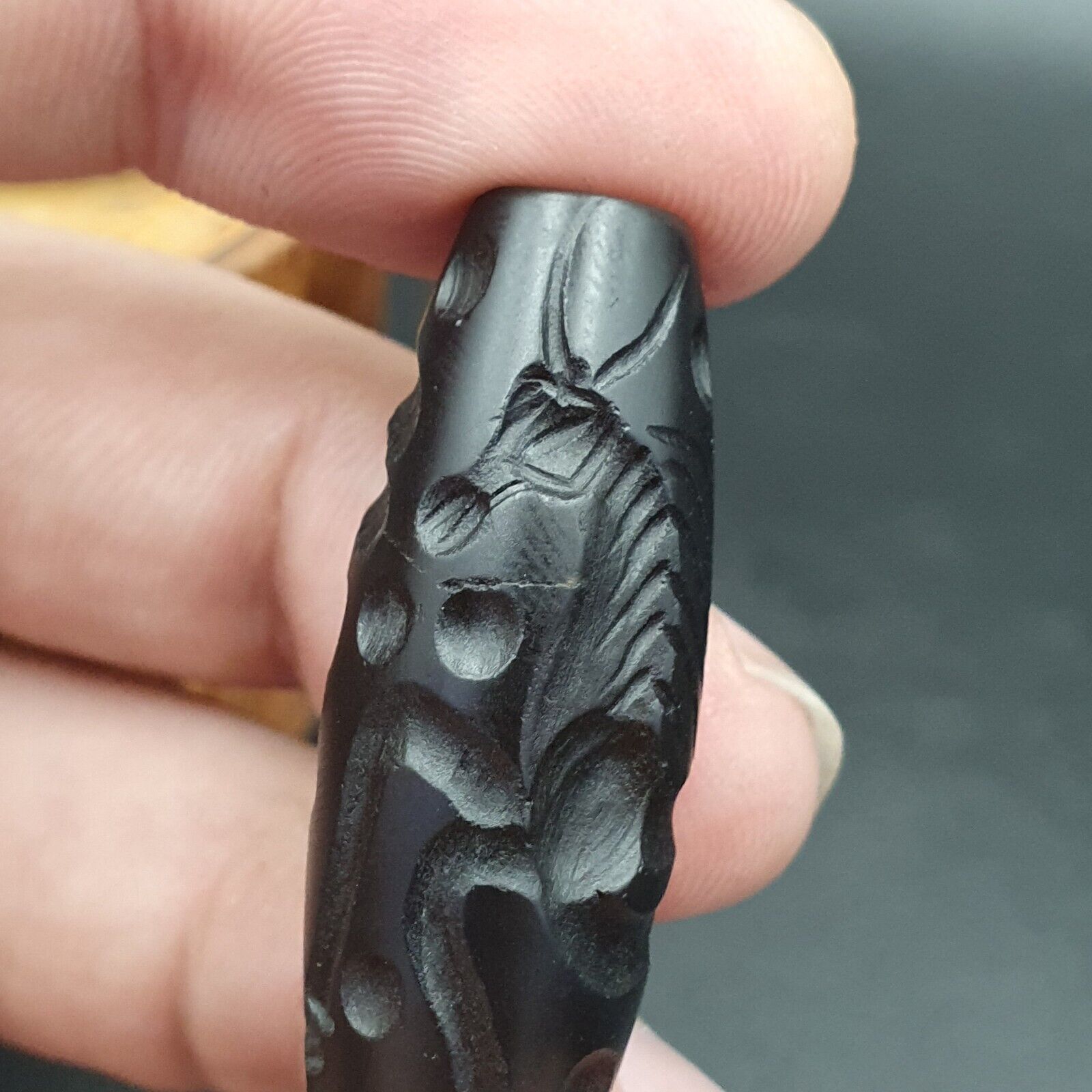 Indo Tibetan Carving Agate Eye stone Bead Amulet Horse and Flying bird  #10214