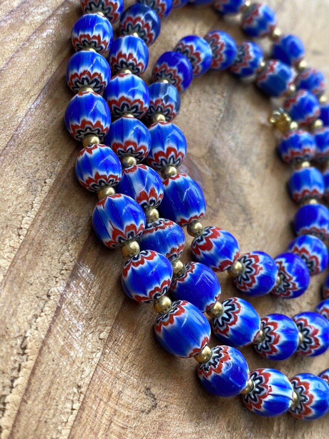 Vintage Blue Chevron Venetian Style Multilayers Glass Beads Necklace N-204