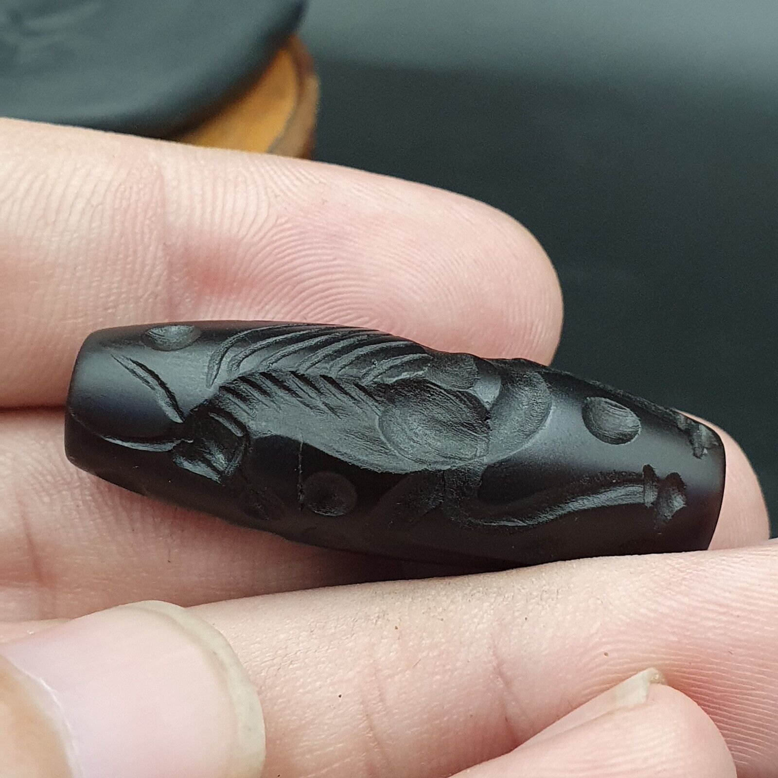 Indo Tibetan Carving Agate Eye stone Bead Amulet Horse and Flying bird  #10214