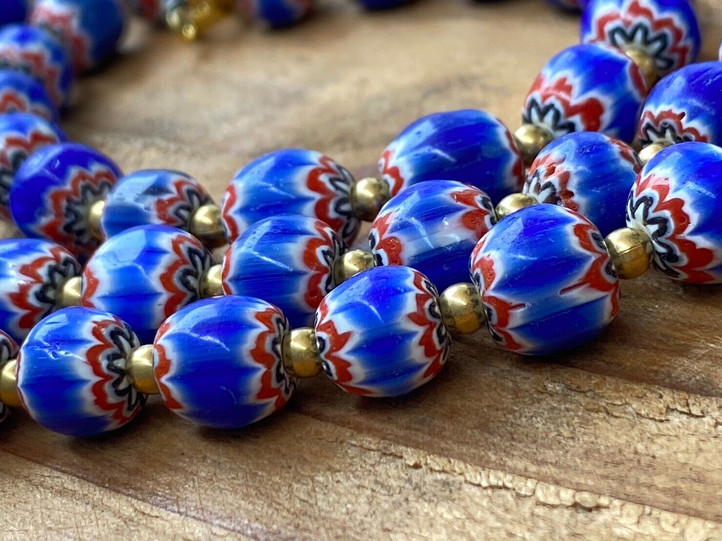Vintage Blue Chevron Venetian Style Multilayers Glass Beads Necklace N-204