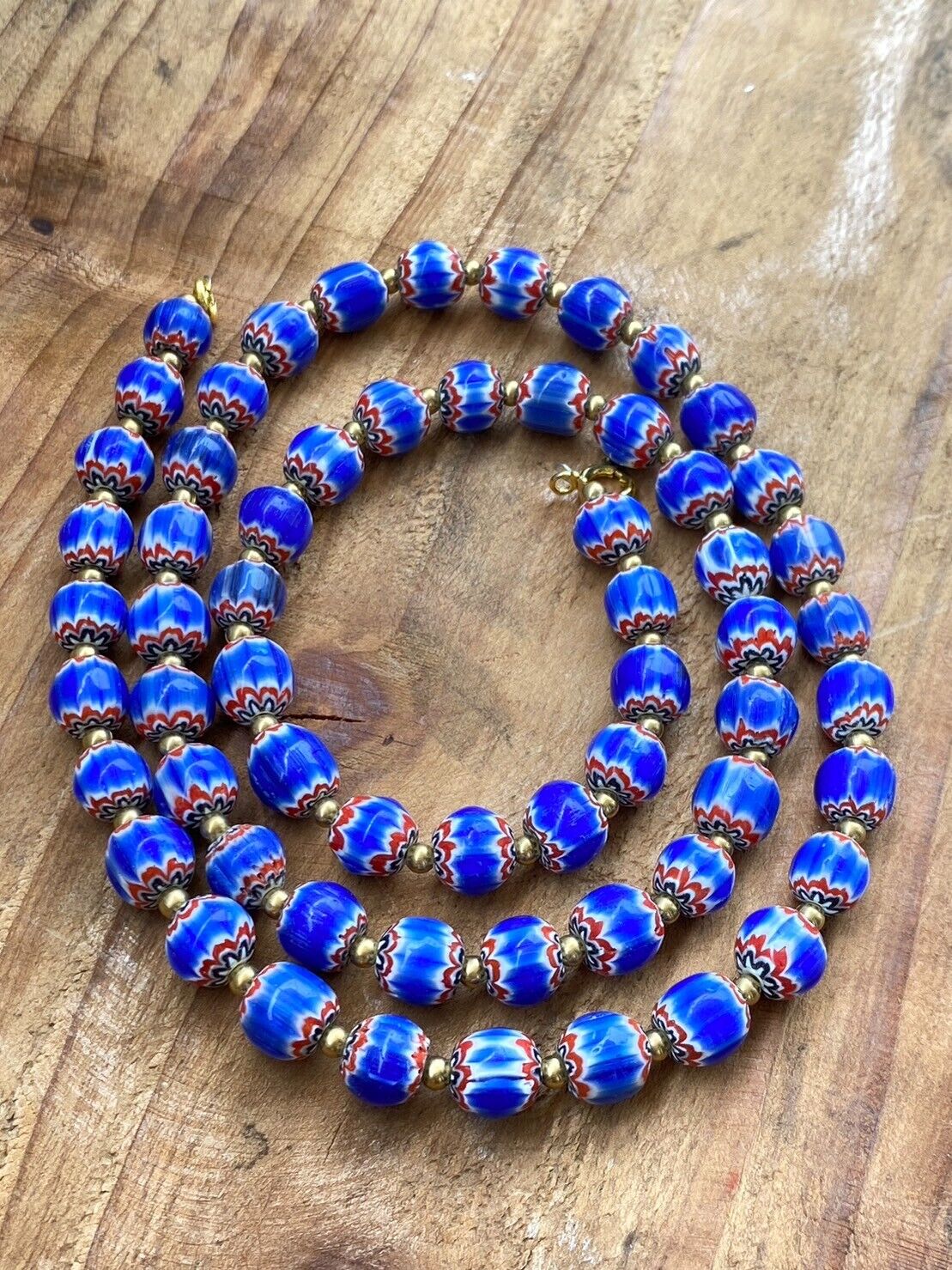 Vintage Blue Chevron Venetian Style Multilayers Glass Beads Necklace N-204