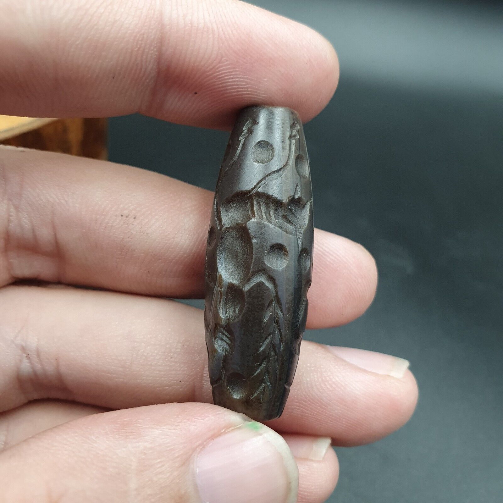 Indo Tibetan Carving Agate Eye stone Bead Amulet Hunting prey  #10215