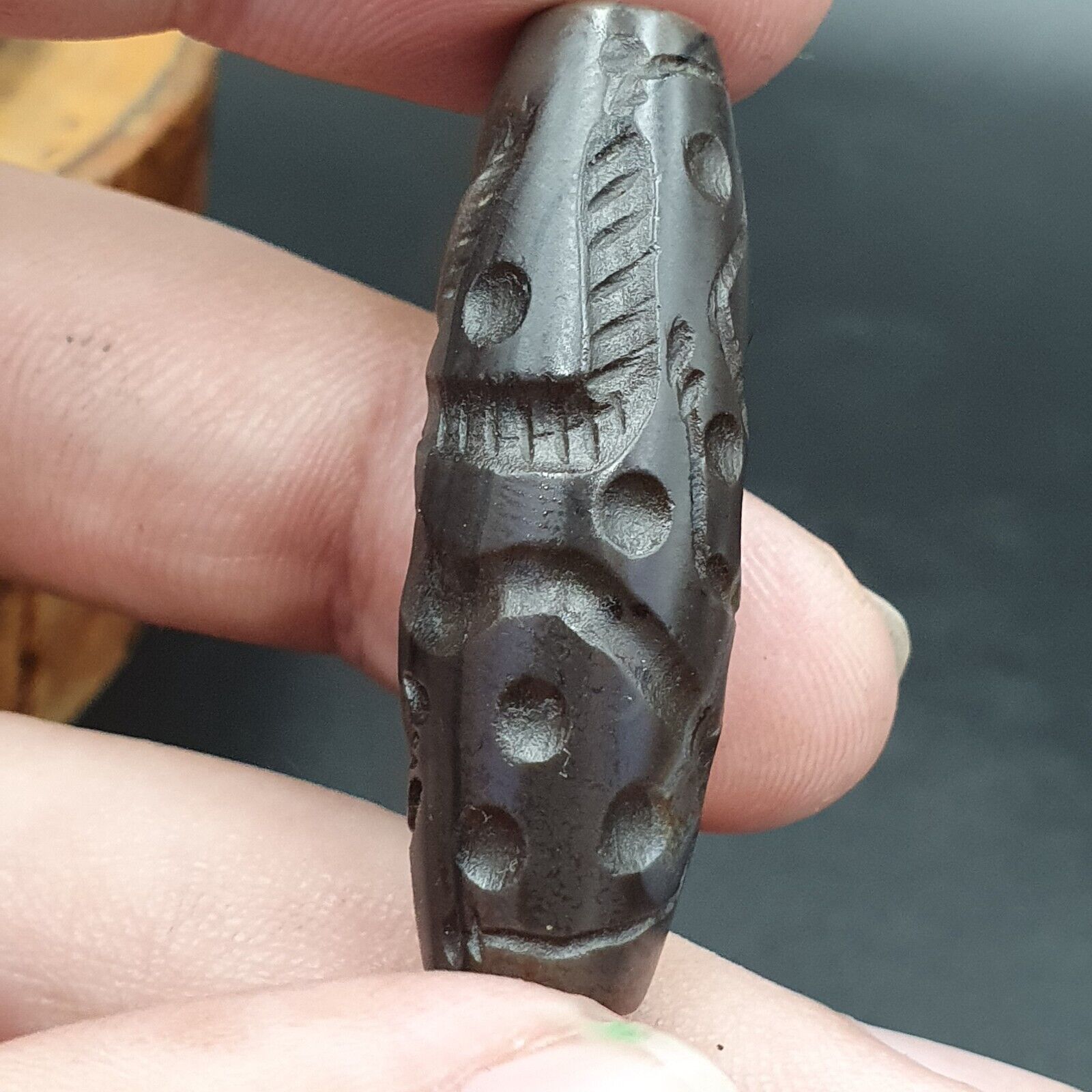 Indo Tibetan Carving Agate Eye stone Bead Amulet Hunting prey  #10215