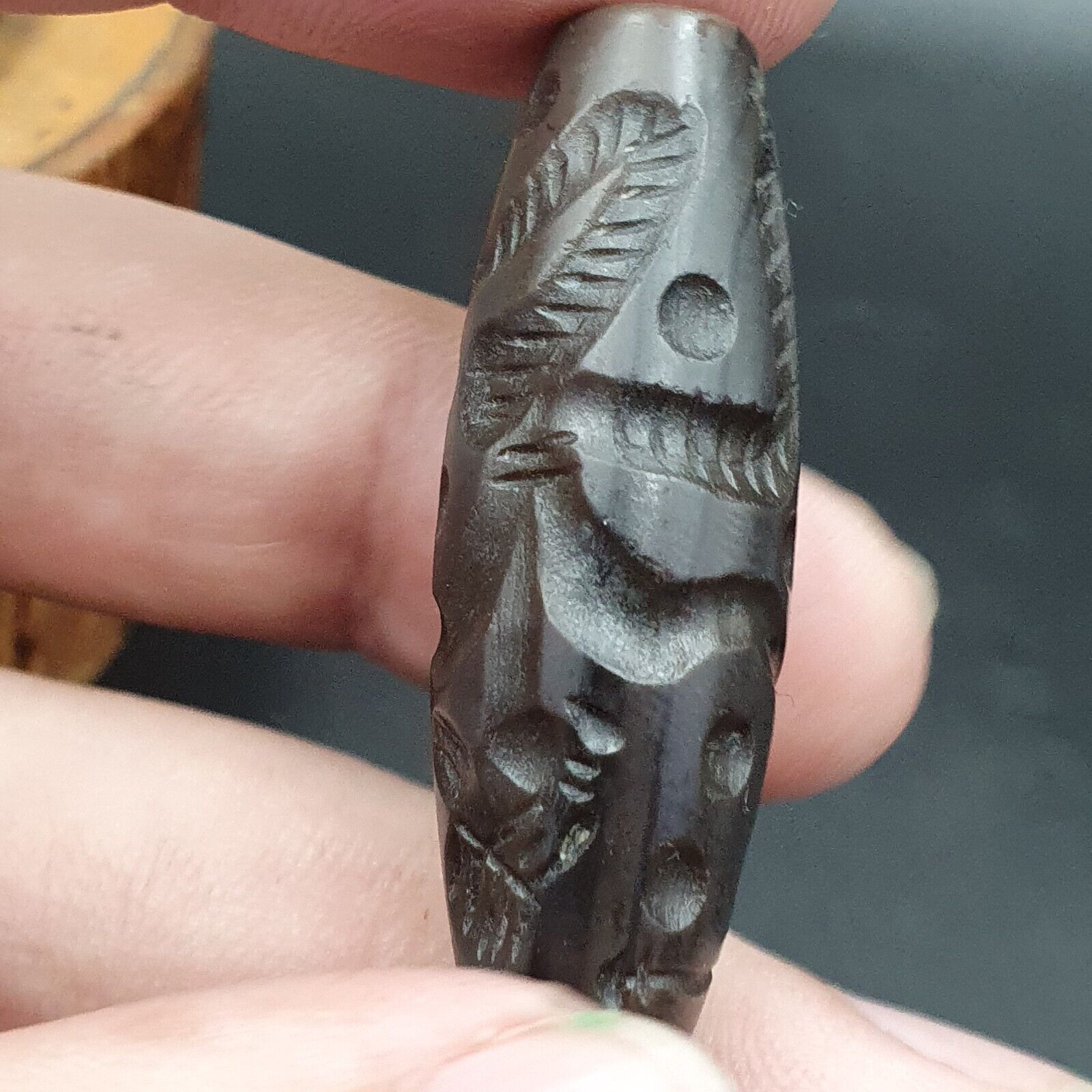 Indo Tibetan Carving Agate Eye stone Bead Amulet Hunting prey  #10215