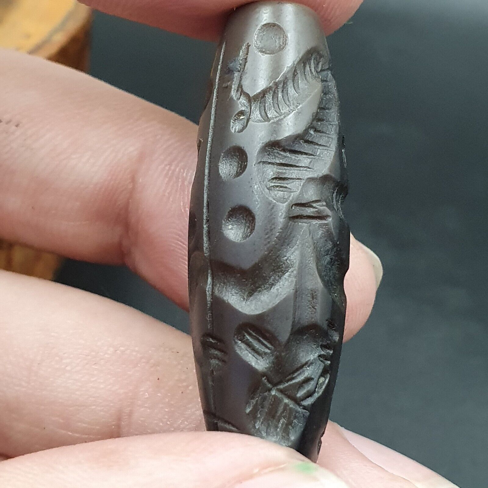 Indo Tibetan Carving Agate Eye stone Bead Amulet Hunting prey  #10215