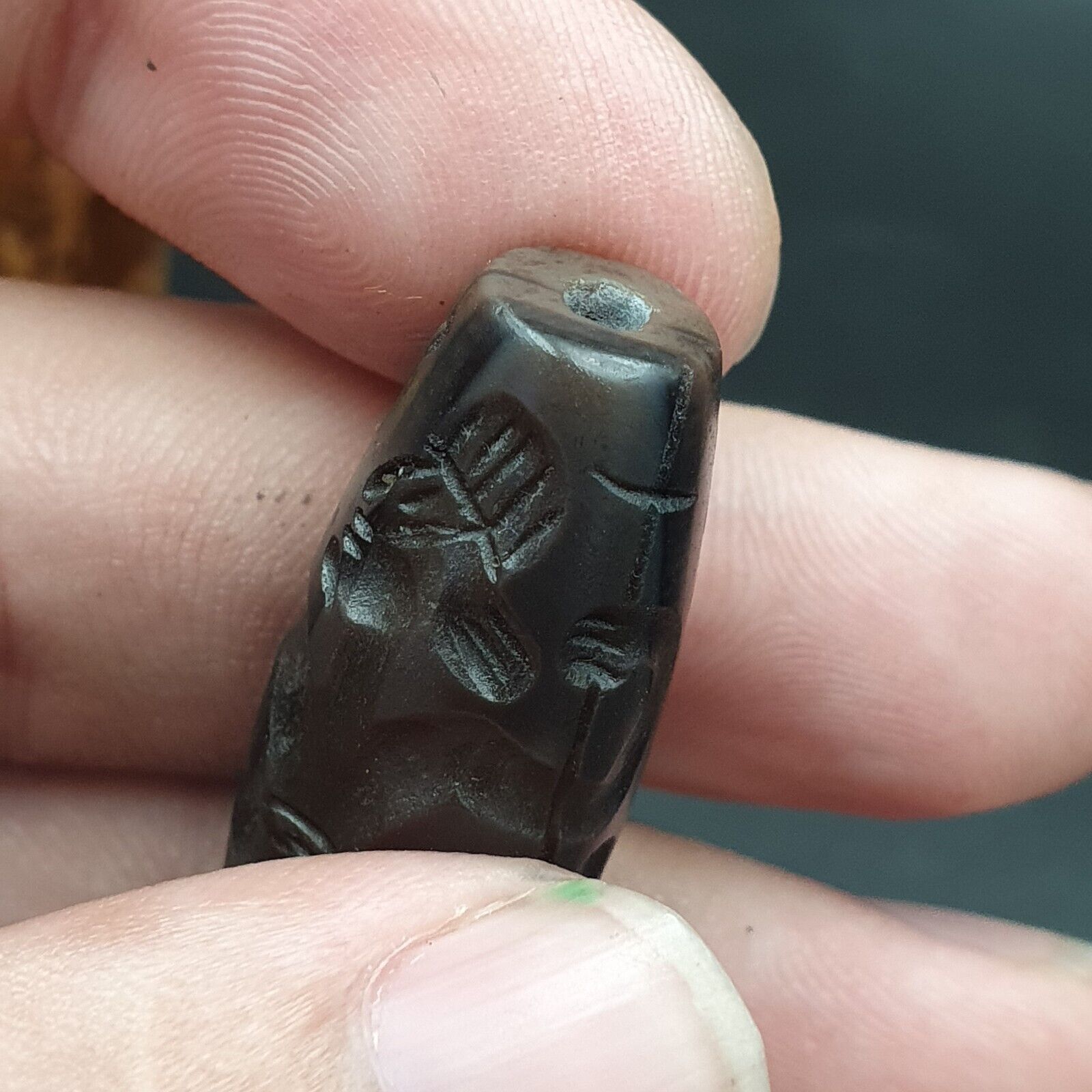 Indo Tibetan Carving Agate Eye stone Bead Amulet Hunting prey  #10215