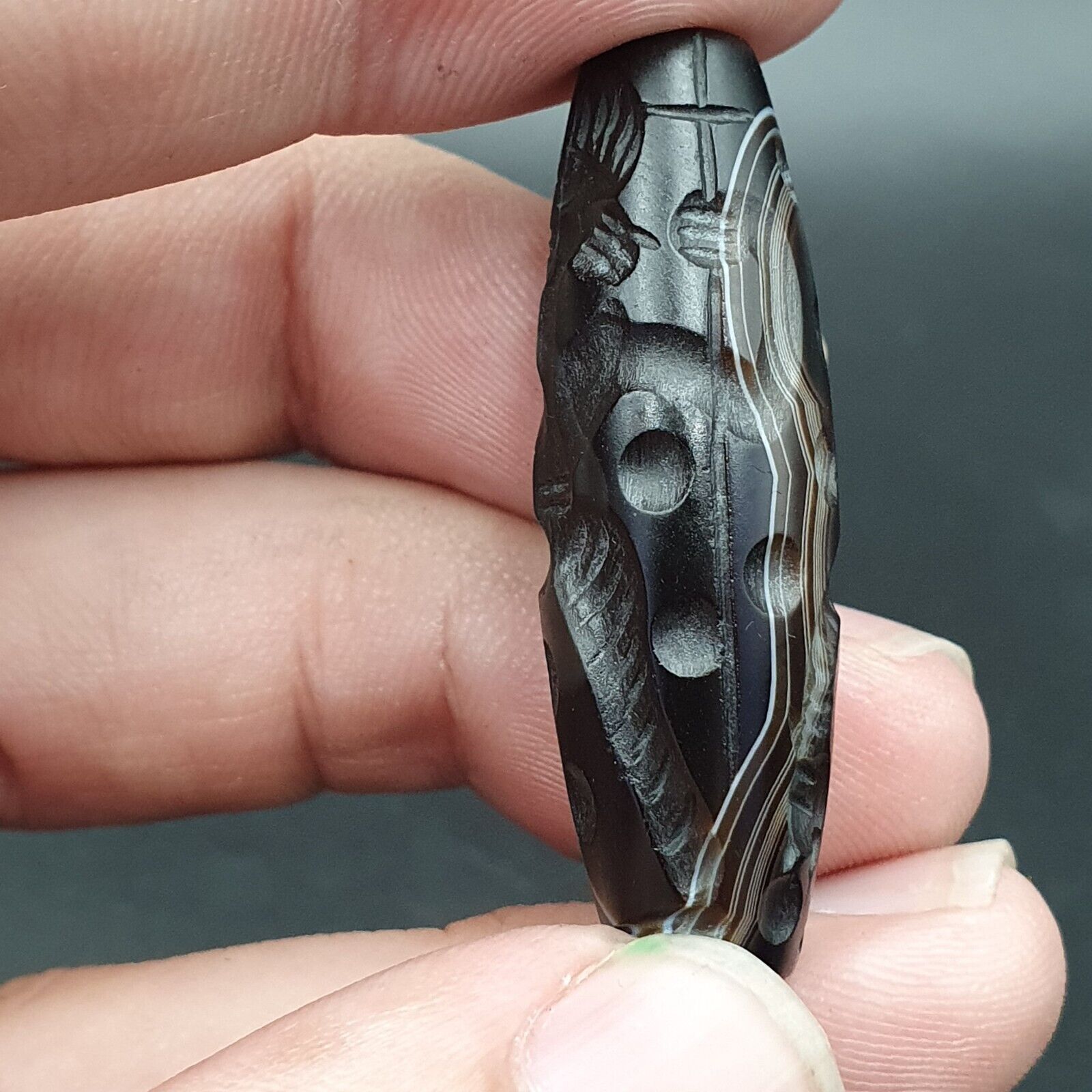 Indo Tibetan Carving Agate Eye stone Bead Amulet Hunter Hunted Animal #10213