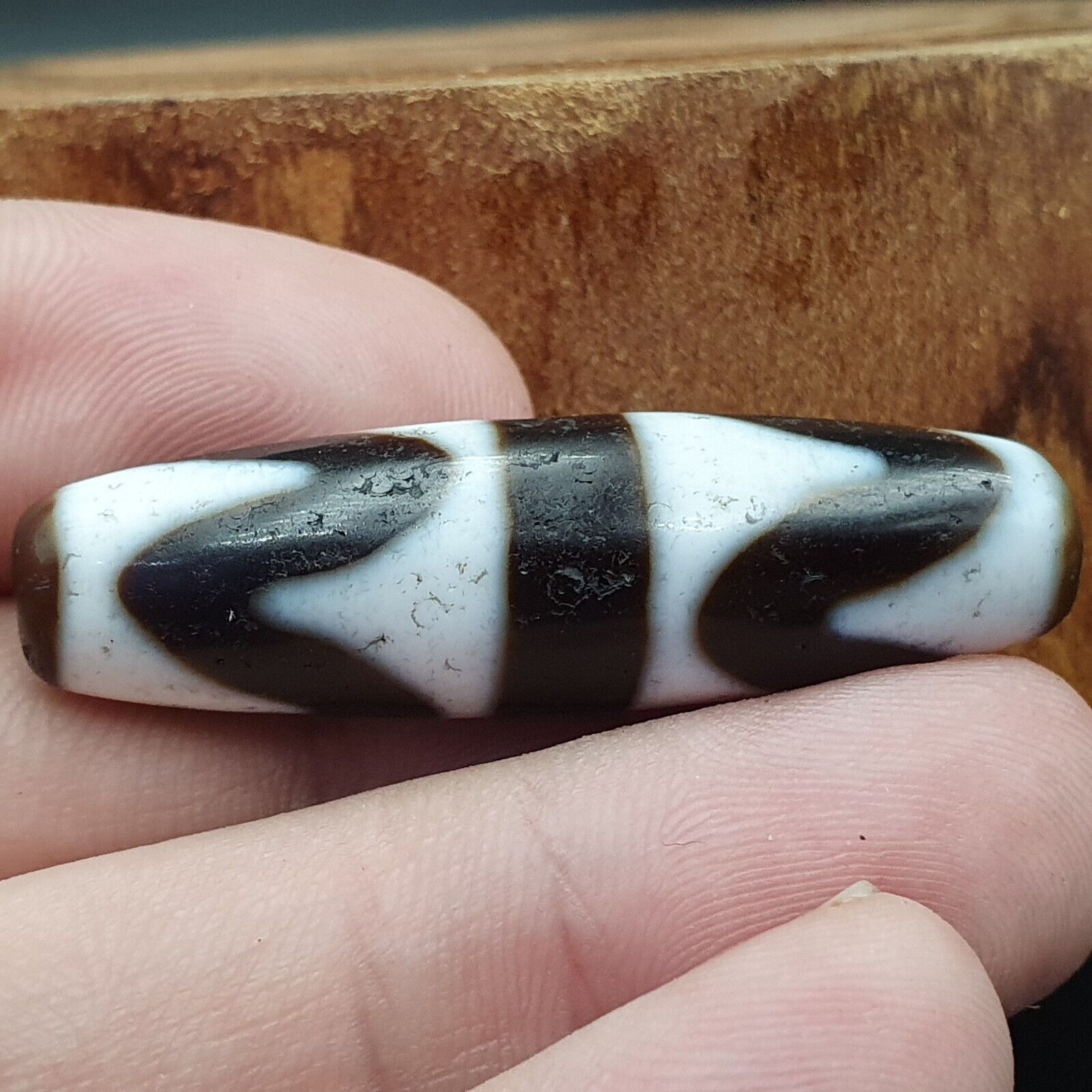 Antique Old Tibetan Beads Black&white Agate rare pattern Amulet Pendant DZI
