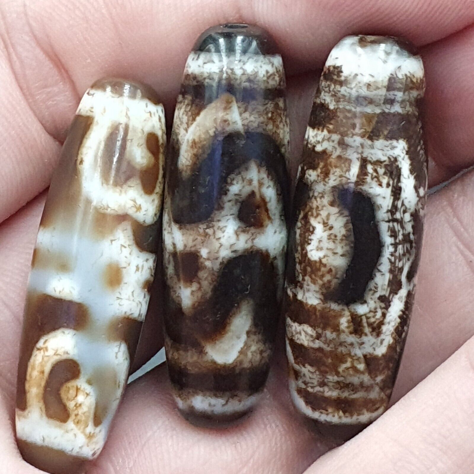 Lot 3 Antique Old Tibetan Beads Old Agate Beautiful Eyes Amulet Pendant DZI