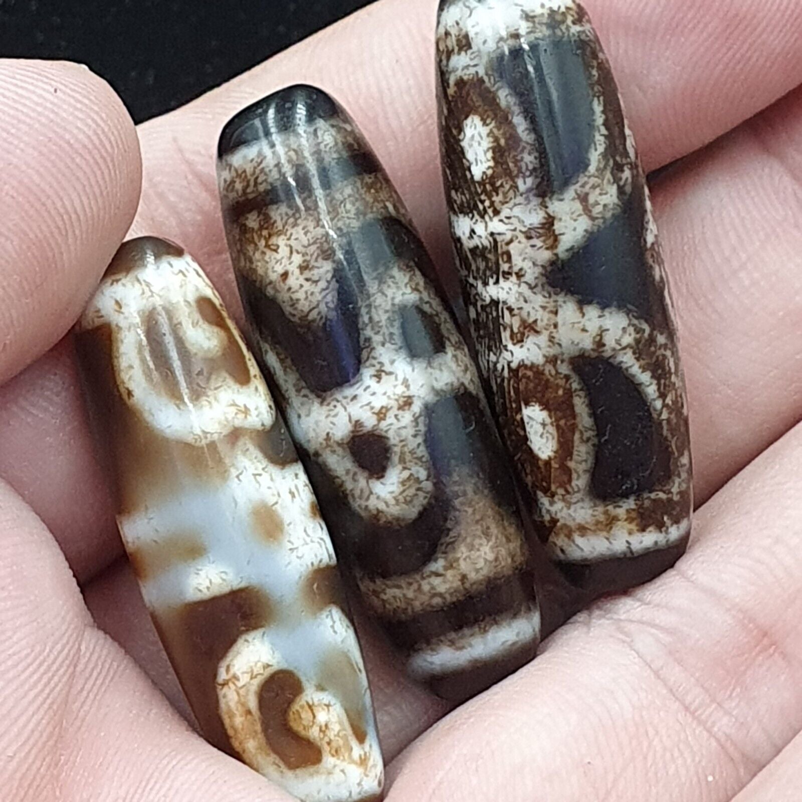 Lot 3 Antique Old Tibetan Beads Old Agate Beautiful Eyes Amulet Pendant DZI