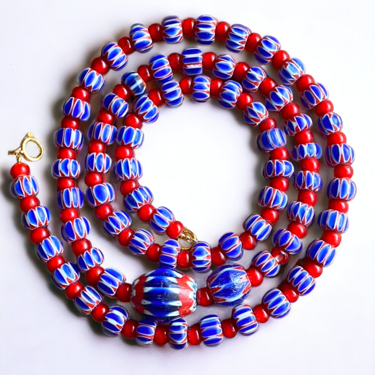 Vintage Chevrons & White Heart Venetian Multilayers Glass Beads Necklace N-209