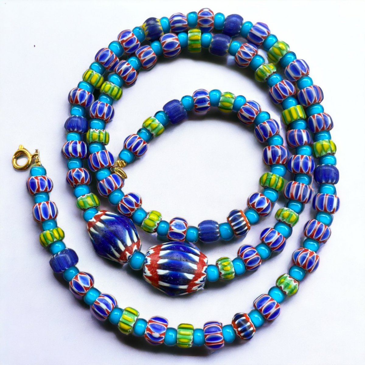 Vintage Chevrons & White Heart Venetian Multilayers Glass Beads Necklace