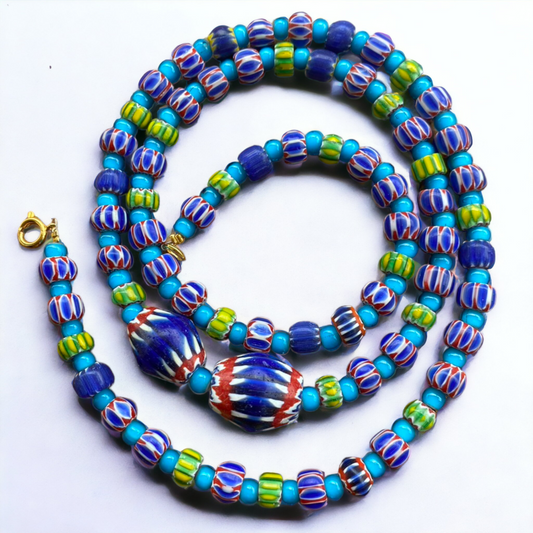 Vintage Chevrons & White Heart Venetian Multilayers Glass Beads Necklace N-206