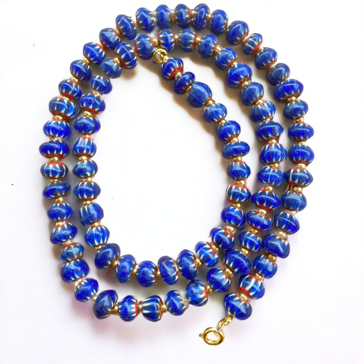 Vintage Blue Chevrons  Multilayers Glass Beads Necklace N-2011