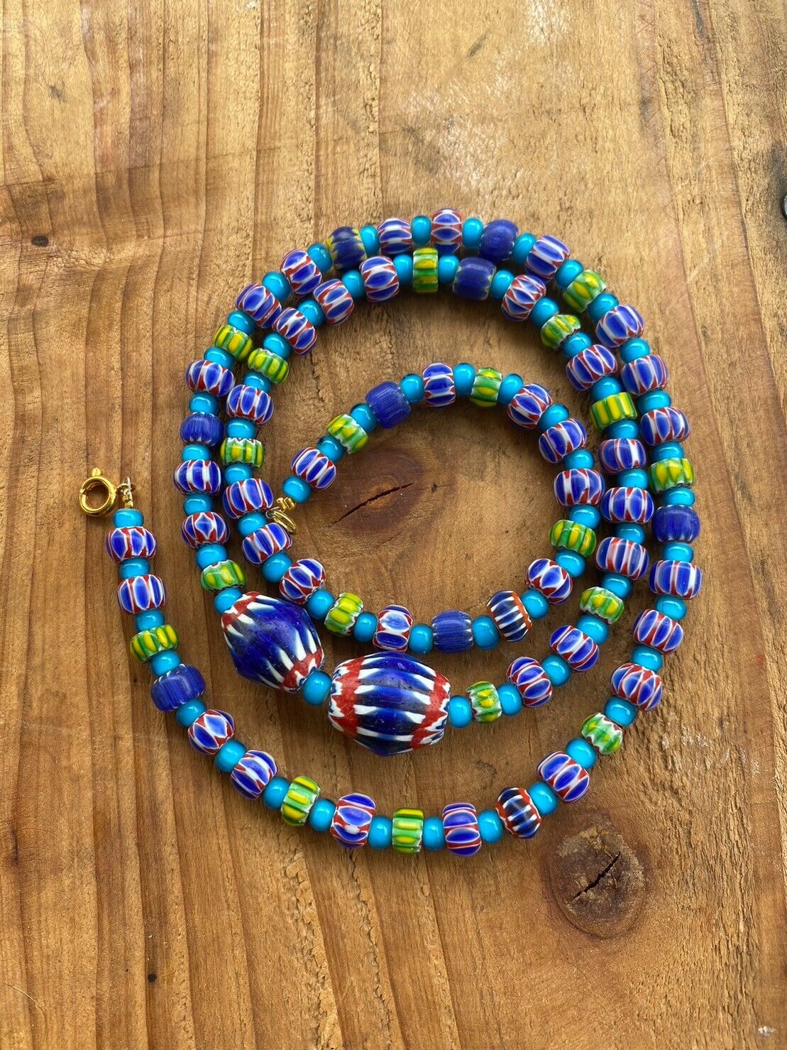 Vintage Chevrons & White Heart Venetian Multilayers Glass Beads Necklace N-206