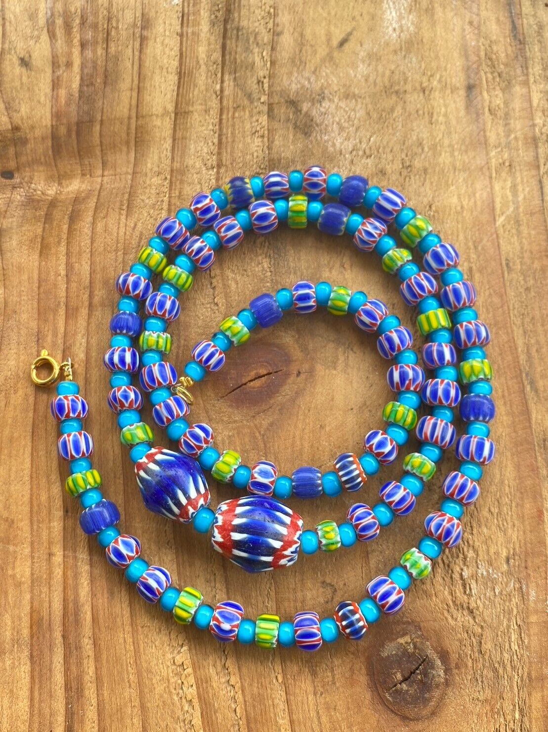 Vintage Chevrons & White Heart Venetian Multilayers Glass Beads Necklace N-206