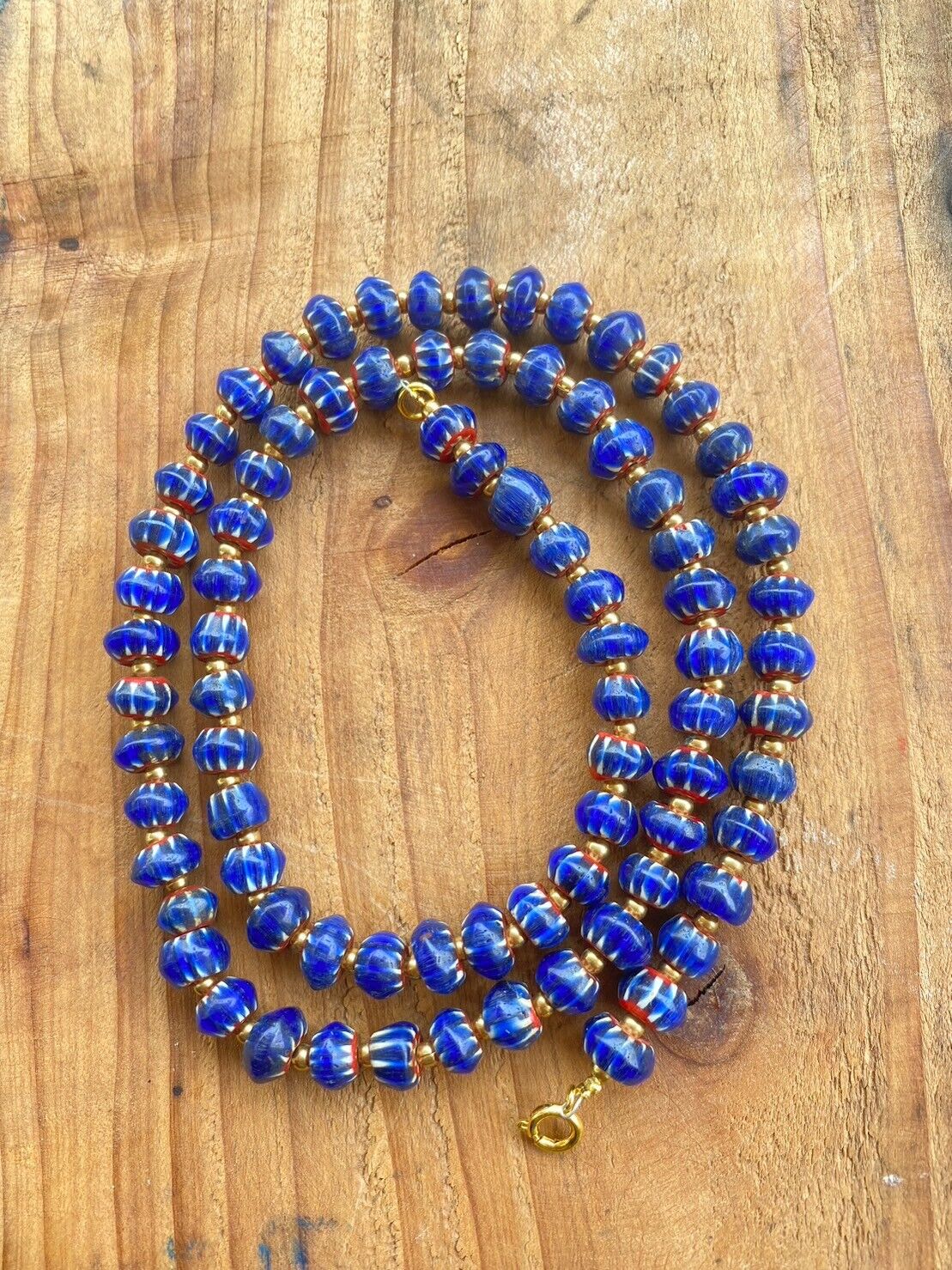 Vintage Blue Chevrons  Multilayers Glass Beads Necklace N-2011